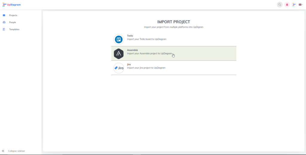 Select Assembla to import project into UpDiagram