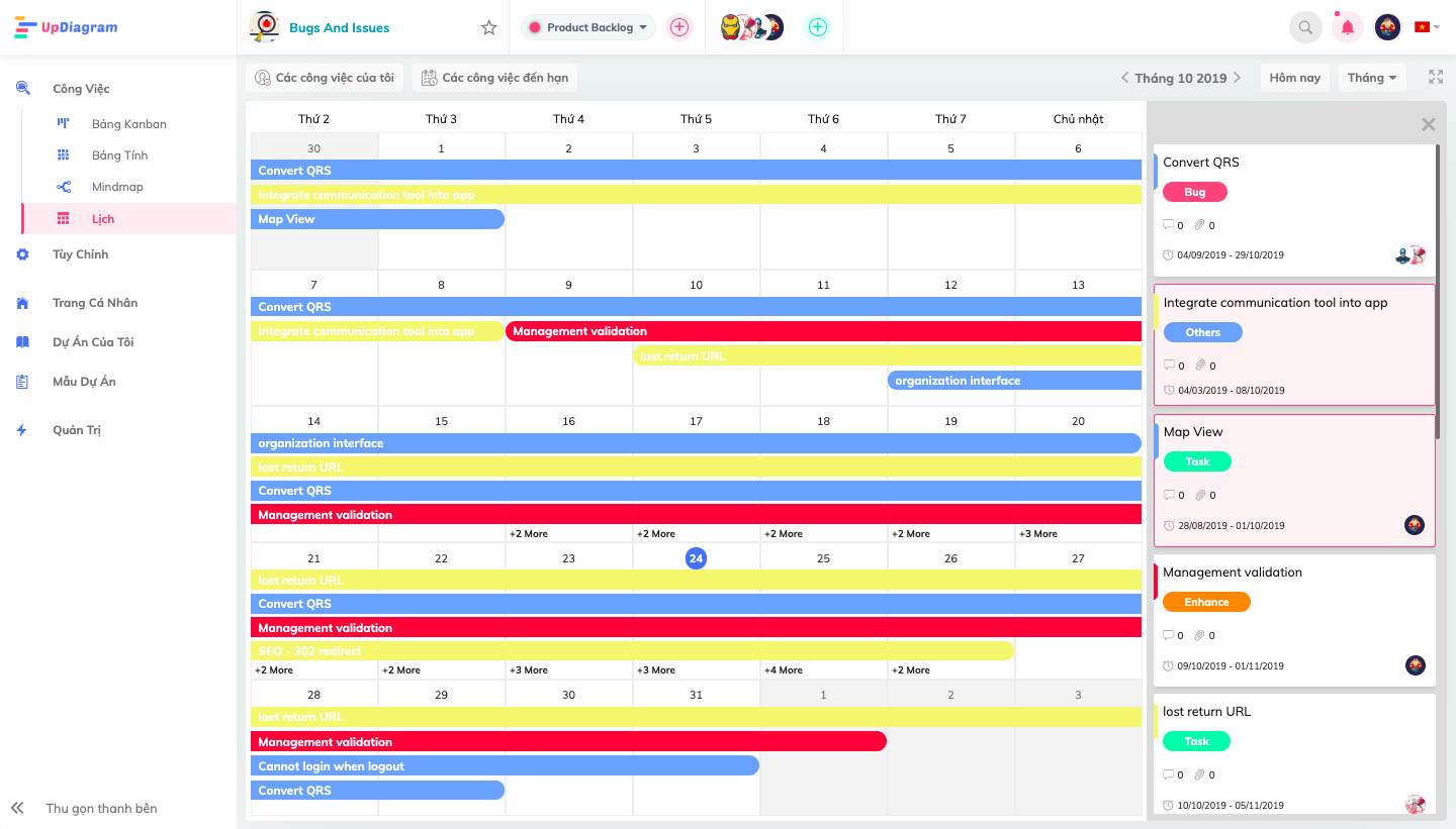 Calendar View in UpDiagram for efficient project time management, facilitating Agile task manipulation