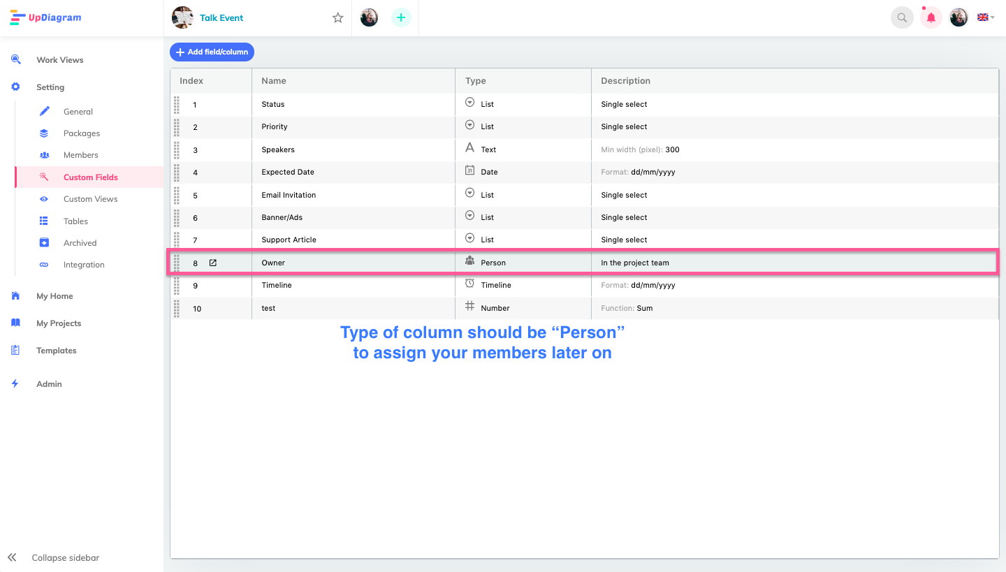 Custom Fields setting