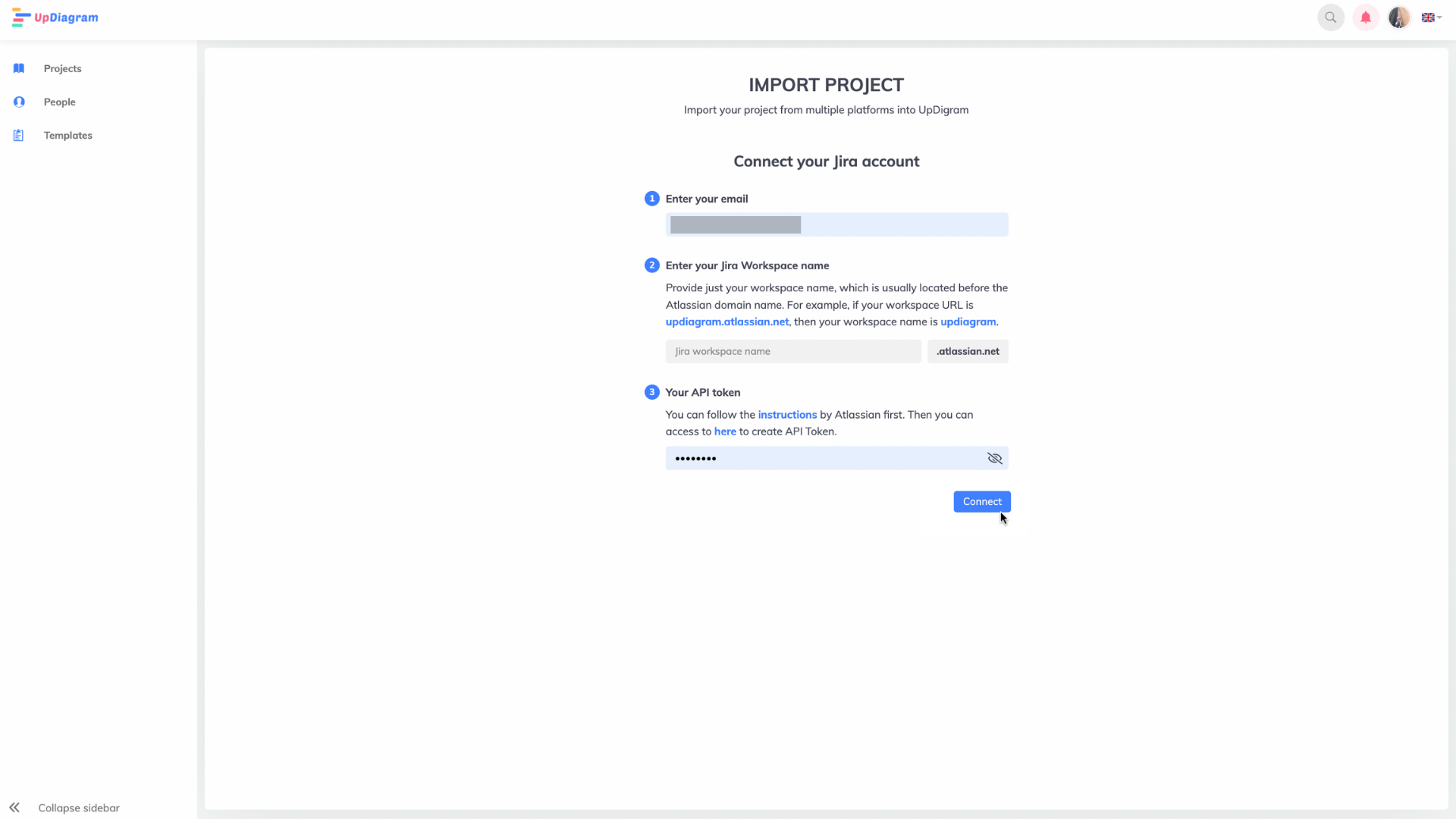Import project page, enter data