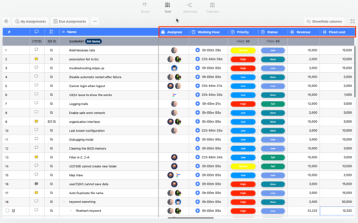  Grid View in UpDiagram for customizable data inspection and organization