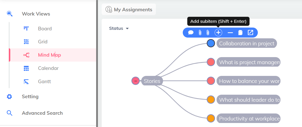 create subtasks in mind map view