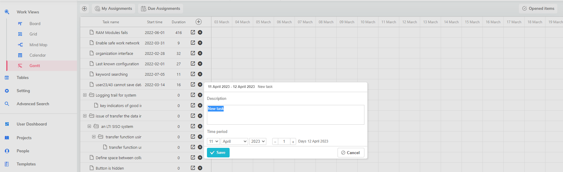 create tasks in gantt chart view