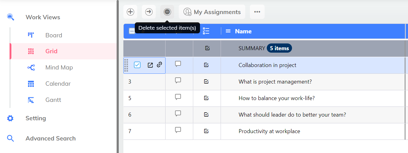 delete tasks in grid view