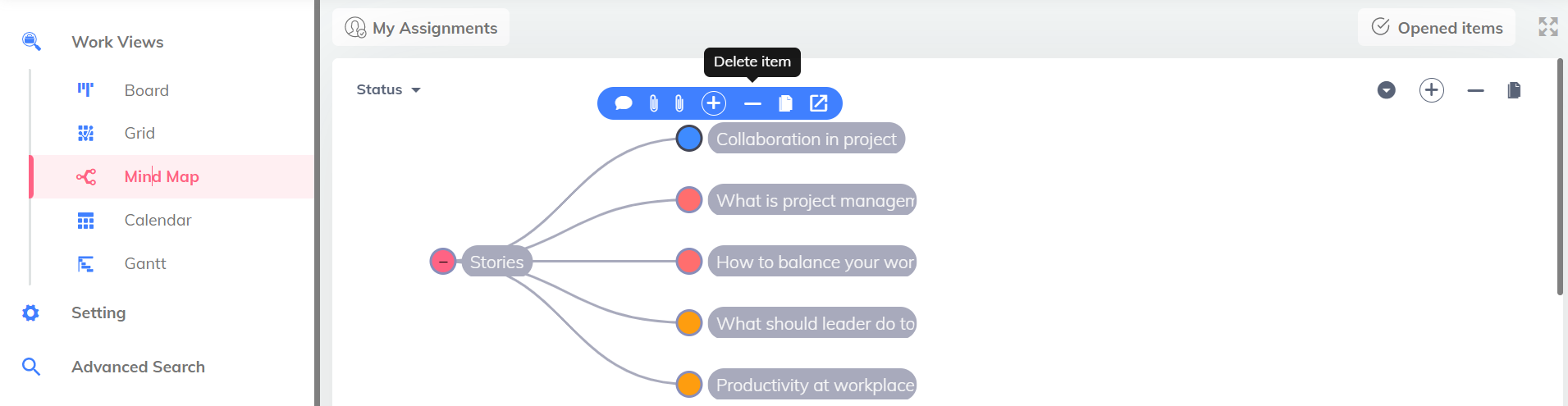 delete tasks in mind map view