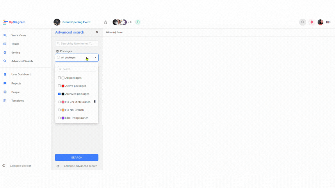 UpDiagram project management software update advanced search