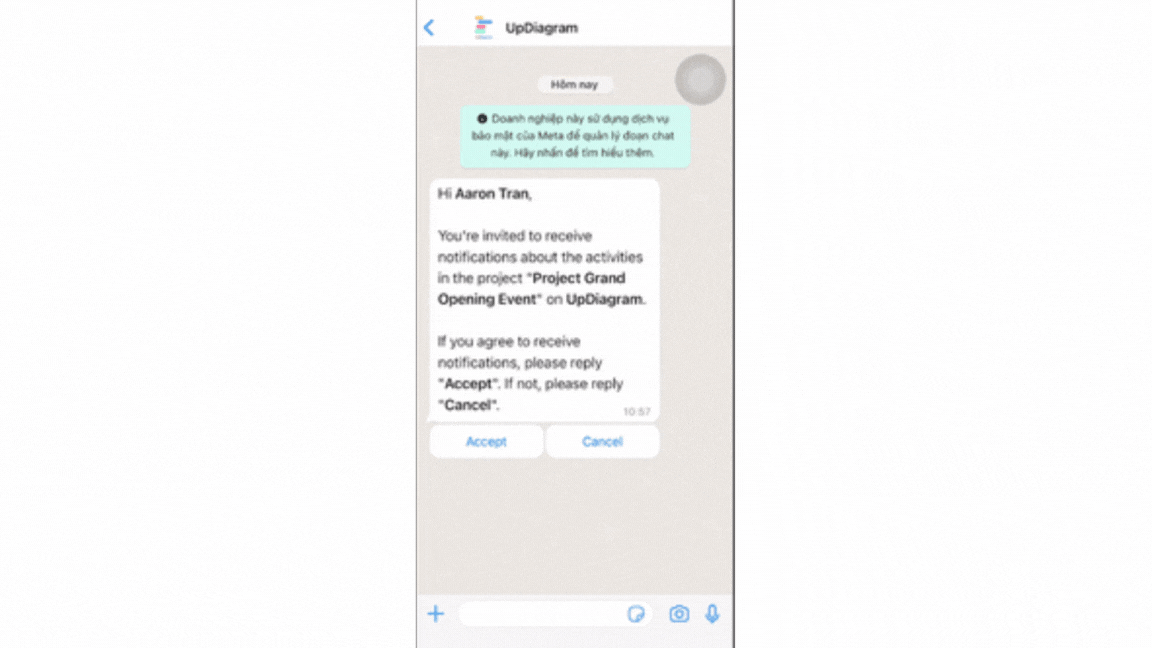 UpDiagram integrated with WhatsApp to get notification 