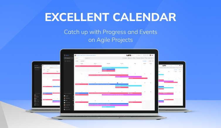 Laptop displaying "Excellent Calendar" for the UpDiagram app's events calendar view for teams.